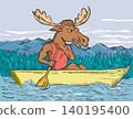 Moose Paddling Canoe Up River Mountain Drawing 140195400