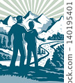 Father and Son Starting Journey Rocky Mountains Woodcut Retro WP 140195401