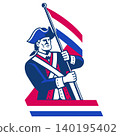 American Patriot Holding Red White and Blue Flag Ribbon Retro Logo 140195402