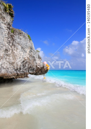 Caribbean beach in Tulum Mexico under Mayan ruins 140195480