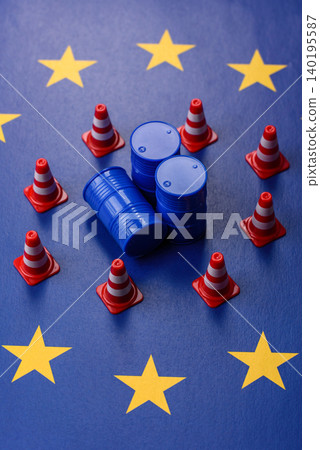 The cargo container ban on the EU flag as a conceptual backdrop . The cargo container embargo The cargo container ban on the EU flag as a conceptual backdrop . The cargo container embargo 140195587