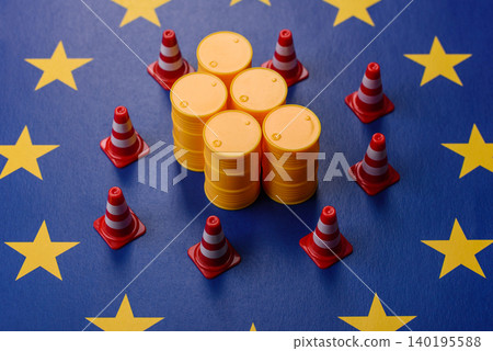 The cargo container ban on the EU flag as a conceptual backdrop . The cargo container embargo The cargo container ban on the EU flag as a conceptual backdrop . The cargo container embargo 140195588