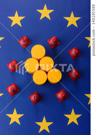The cargo container ban on the EU flag as a conceptual backdrop . The cargo container embargo The cargo container ban on the EU flag as a conceptual backdrop . The cargo container embargo 140195589