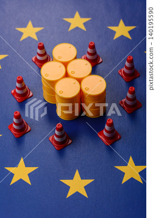 The cargo container ban on the EU flag as a conceptual backdrop . The cargo container embargo The cargo container ban on the EU flag as a conceptual backdrop . The cargo container embargo 140195590