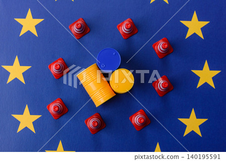 The cargo container ban on the EU flag as a conceptual backdrop . The cargo container embargo The cargo container ban on the EU flag as a conceptual backdrop . The cargo container embargo 140195591
