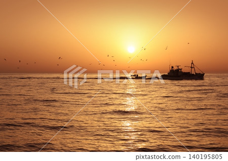 Fisherboat professional sardine catch fishery sunrise Fisherboat professional sardine catch fishery sunrise 140195805