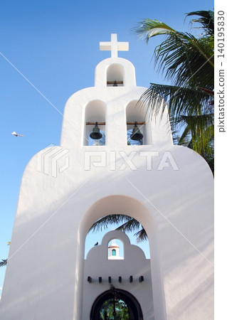 Playa del Carmen white Mexican church archs belfry Playa del Carmen white Mexican church archs belfry 140195830