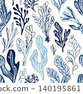 Vector seamless pattern with blue seaweed on white background. Hand-drawn abstract style 140195861