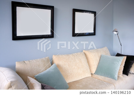 Living room with sofa and blue wall, interior design Living room with sofa and blue wall, interior design 140196210