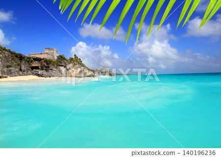 ancient Tulum Mayan ruins view from caribbean sea 140196236