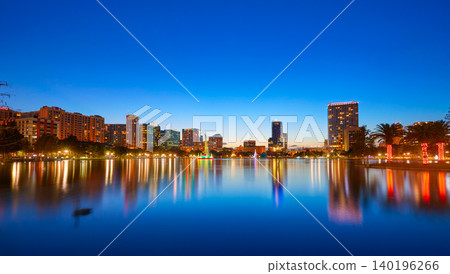 Orlando skyline sunset at lake Eola Florida US Orlando skyline sunset at lake Eola Florida US 140196266