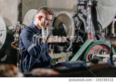 Engineer Worker Man Look and Thinking Wonder to Solve Machine Problem Hand at Chin in Plant factory 140196318