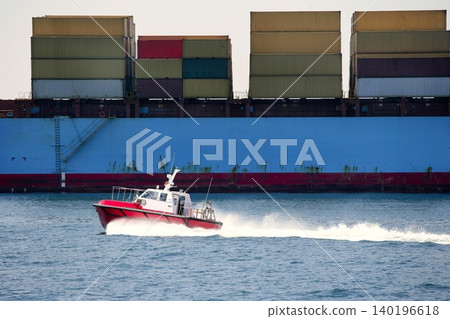 Boat of port pilots compared to cargo container Boat of port pilots compared to cargo container 140196618