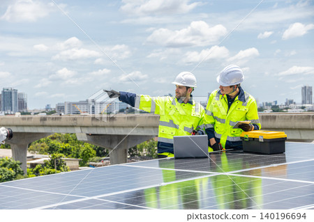 Professional Engineer Team Service Solar Panel. Worker Maintenance Cleaning Replacing Solar Panel. 140196694