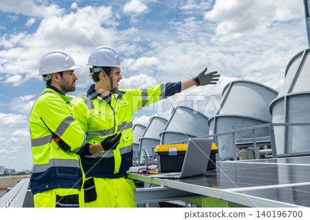 Professional Engineer Team Service Solar Panel. Worker Maintenance Cleaning Replacing Solar Panel. Professional Engineer Team Service Solar Panel. Worker Maintenance Cleaning Replacing Solar Panel. 140196700