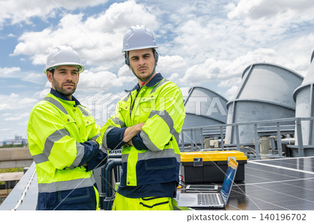 Professional Engineer Team Service Solar Panel. Worker Maintenance Cleaning Replacing Solar Panel. Professional Engineer Team Service Solar Panel. Worker Maintenance Cleaning Replacing Solar Panel. 140196702