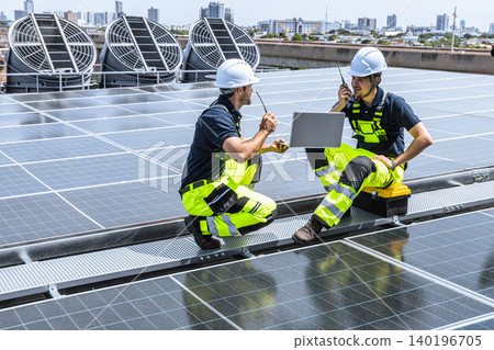 Professional Engineer Team Service Solar Panel. Worker Maintenance Cleaning Replacing Solar Panel. Professional Engineer Team Service Solar Panel. Worker Maintenance Cleaning Replacing Solar Panel. 140196705