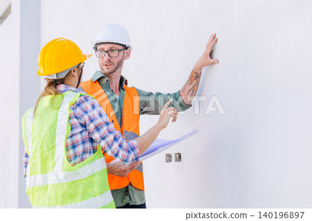 Professional builder team working check progress construction of the wall structure of the building. Professional builder team working check progress construction of the wall structure of the building. 140196897