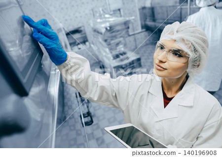 Women worker work in drink water factory control operate drinking filling water machine. Women worker work in drink water factory control operate drinking filling water machine. 140196908