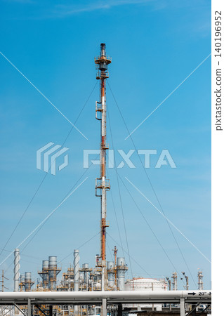 Methane Gas Fire High Flare Stack Flaring Tower Platform in Refinery Petroleum Plant or Flame Burn Methane Gas Fire High Flare Stack Flaring Tower Platform in Refinery Petroleum Plant or Flame Burn 140196952