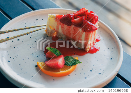 Strawberry cheesecake delightful moist with fresh red Strawberry jam looks beautiful and appetizing. Strawberry cheesecake delightful moist with fresh red Strawberry jam looks beautiful and appetizing. 140196968