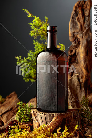 Dark glass vintage bottle of gin or herbal bitter, set among juniper branches, weathered driftwood and forest moss. 140196991