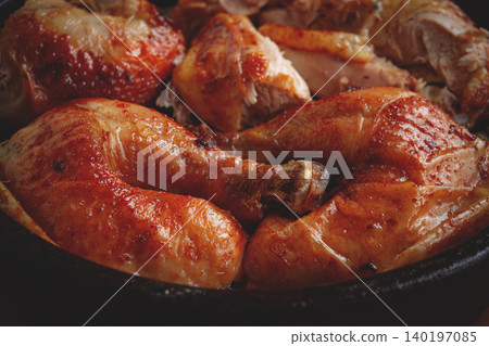 Grilled chicken pieces in a frying pan, wooden background, top view, homemade, no people, Grilled chicken pieces in a frying pan, wooden background, top view, homemade, no people, 140197085