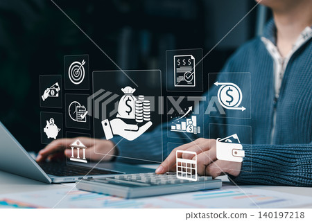 Personal finance management and budget planning concept. Woman using laptop and calculator, showing savings, payment, investment goals, expense tracking, financial reports, cash flow, money control Personal finance management and budget planning concept. Woman using laptop and calculator, showing savings, payment, investment goals, expense tracking, financial reports, cash flow, money control 140197218