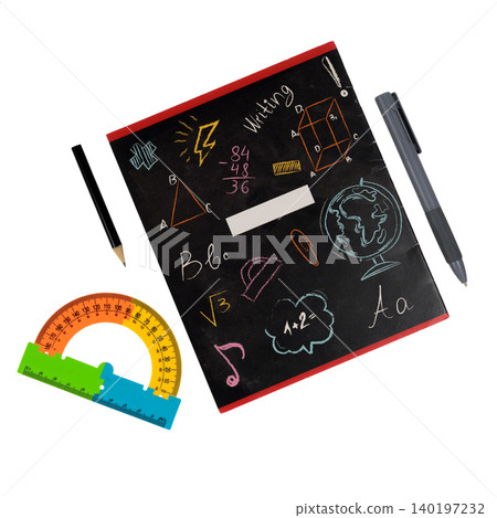 school notebook with drawings on the cover lies next to a pencil, pen and protractor school notebook with drawings on the cover lies next to a pencil, pen and protractor 140197232