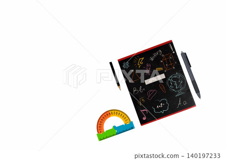 school notebook with stationery lies on the right side of the frame on white background far view school notebook with stationery lies on the right side of the frame on white background far view 140197233
