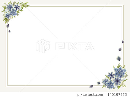 White horizontal frame material featuring hydrangeas | Rainy season, June, elegant decorative frame 140197353