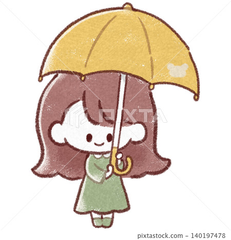 一幅全身插畫,描繪了一個微笑的女孩站著,手裡拿著一把黃色雨傘。 一幅全身插畫,描繪了一個微笑的女孩站著,手裡拿著一把黃色雨傘。 140197478