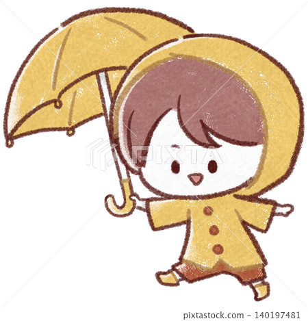 A boy wearing a yellow raincoat and carrying an umbrella. A boy wearing a yellow raincoat and carrying an umbrella. 140197481