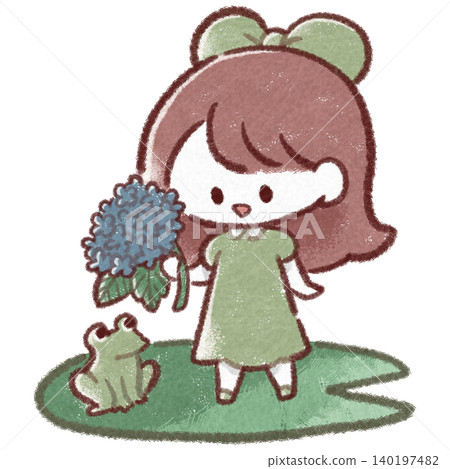 A cute little girl holding a hydrangea flower stands on a lotus leaf with a small frog. A cute little girl holding a hydrangea flower stands on a lotus leaf with a small frog. 140197482
