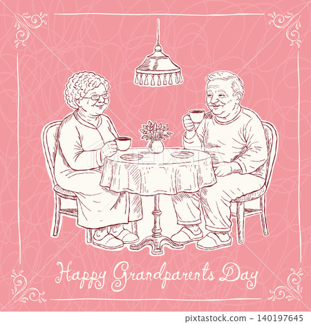 Heartwarming hand-drawn illustrations. An elderly couple enjoying tea together, depicted in a soft, vintage-style line. 140197645