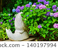 A stone statue of a snail surrounded by hydrangeas 140197994