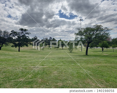 Expansive urban park meadow with scattered shade trees Expansive urban park meadow with scattered shade trees 140198058