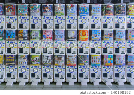 Osaka, Japan - Oct 11 2024, close up view of a wall filled with gachapon vending machines, without people, Osaka, Japan Osaka, Japan - Oct 11 2024, close up view of a wall filled with gachapon vending machines, without people, Osaka, Japan 140198192