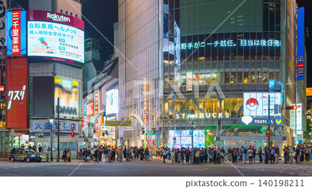 Tokyo, Japan - Oct 15 2024, Panoramic view of the facades of buildings covered with advertising screens at the Shibuya intersection with a crowd of people on the sidewalk, at nighttime, Tokyo, Japan Tokyo, Japan - Oct 15 2024, Panoramic view of the facades of buildings covered with advertising screens at the Shibuya intersection with a crowd of people on the sidewalk, at nighttime, Tokyo, Japan 140198211