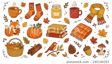 Cozy autumn. Vector set of autumnal elements isolated on white background. Warm color palette. Cozy autumn. Vector set of autumnal elements isolated on white background. Warm color palette. 140198301