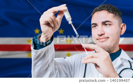 Doctor holding syringe on Cape Verde flag background. Medical professional holding syringe with Cape Verdean flag in the background 140199487