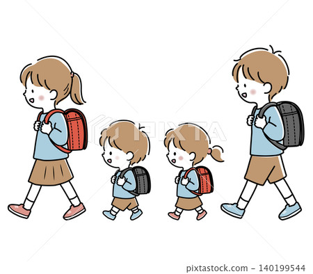 一組小學生向量插圖,包括低年級學生和高年級學生,他們都背著書包。 一組小學生向量插圖,包括低年級學生和高年級學生,他們都背著書包。 140199544