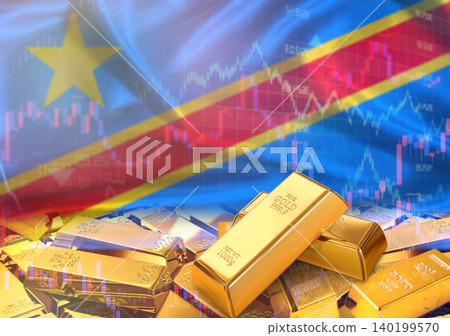 Gold bars on Congolese flag in background. Gold bars stacked on Congolese flag. Concept of Republic of the Congo gold reserves 140199570