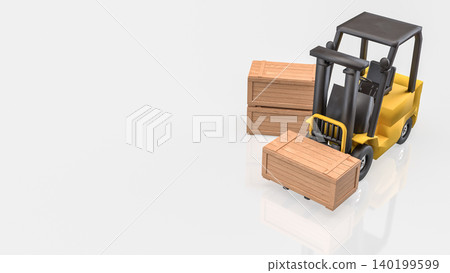 Yellow Forklift Moving Wooden Cargo Crates 3d Render. Yellow Forklift Moving Wooden Cargo Crates 3d Render. 140199599
