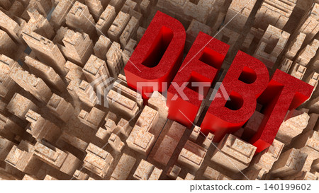 Red Debt Text Rising Above City Maze 3d render. 140199602