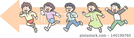 Elementary school boys and girls running (sideways arrow) Elementary school boys and girls running (sideways arrow) 140199760