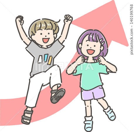 小學中高年級的一男一女在跳躍。 小學中高年級的一男一女在跳躍。 140199768