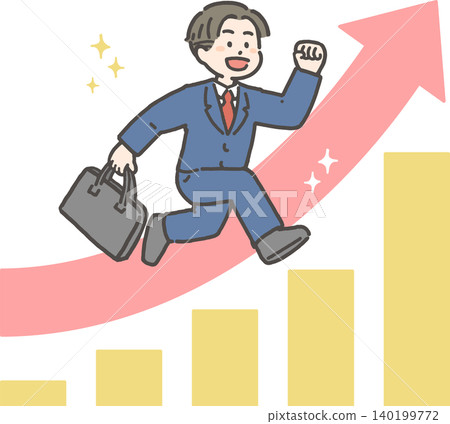 一位身穿西裝的男士(一位新晉商人)正在攀登事業高峰。 一位身穿西裝的男士(一位新晉商人)正在攀登事業高峰。 140199772