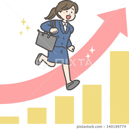 一位身穿西裝的女士(一位新晉女商人)正在攀登事業高峰。 一位身穿西裝的女士(一位新晉女商人)正在攀登事業高峰。 140199774