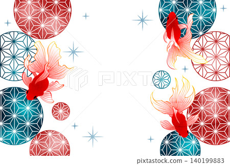Summer greeting postcard with Japanese pattern balls and goldfish illustration, cute, horizontal Summer greeting postcard with Japanese pattern balls and goldfish illustration, cute, horizontal 140199883
